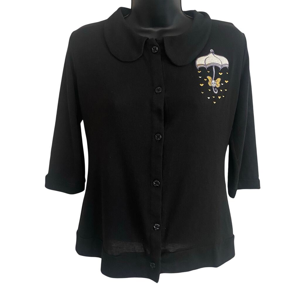 Rock Steady Rainy Day Cardigan Womens Sz Medium Peter Pan Collar Embroidered
